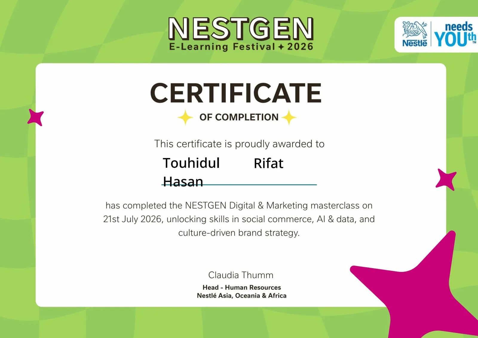 Nestlé NESTGEN certificate of completion awarded to Touhidul Hasan Rifat for the Digital & Marketing masterclass on 21 July 2026