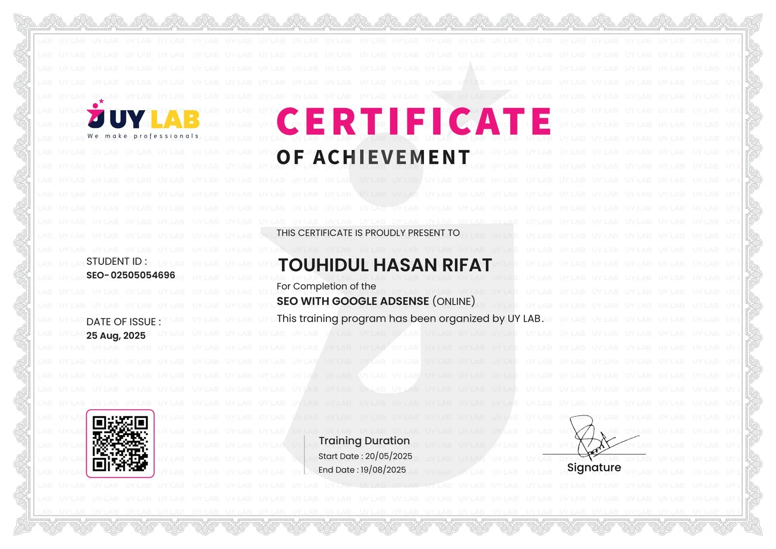 UY Lab certificate of achievement awarded to Touhidul Hasan Rifat for SEO with Google AdSense, issued 25 August 2025