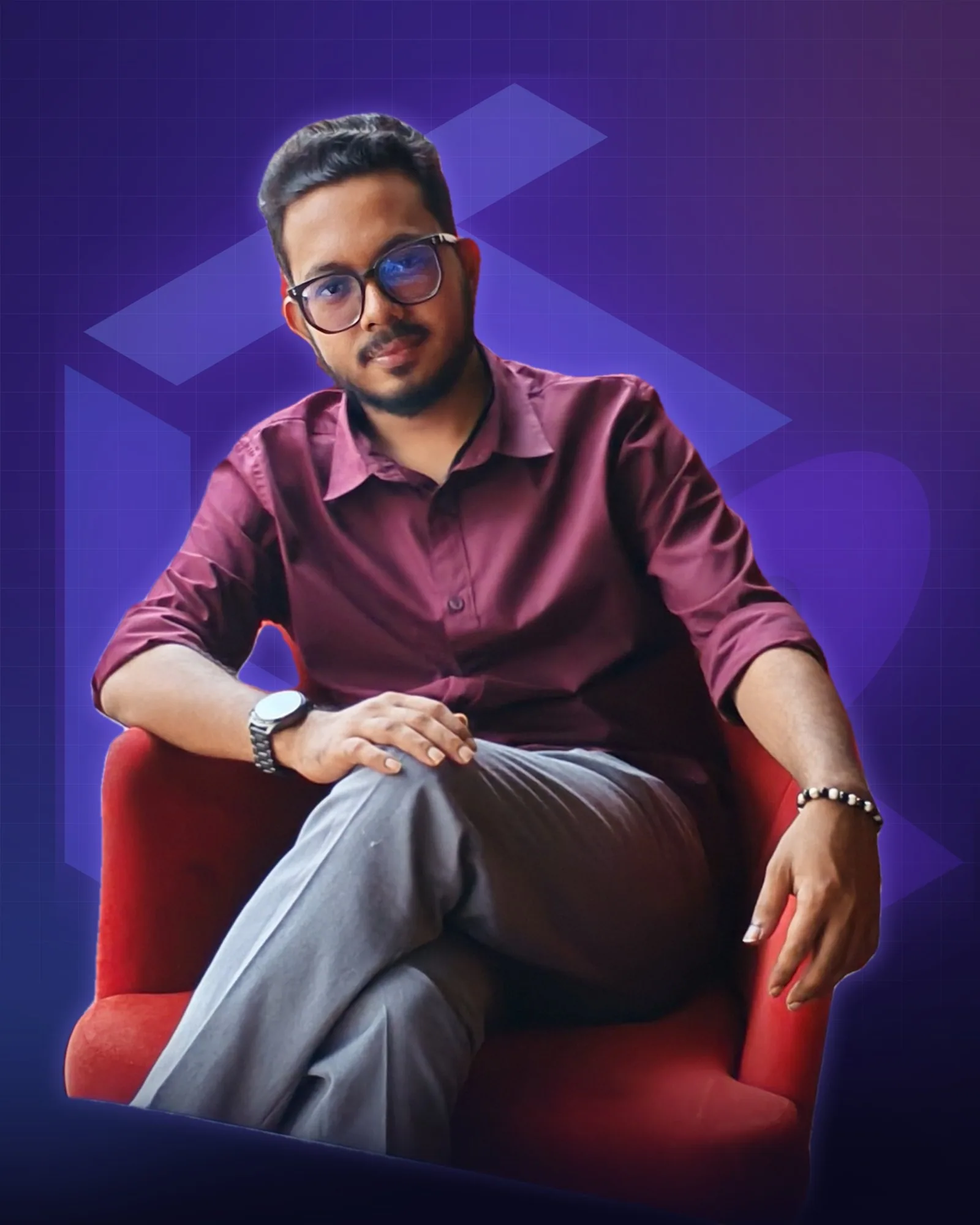 Touhidul Hasan Rifat, digital marketer in Dhaka, in glasses and a maroon shirt, seated in a red armchair against a violet studio backdrop with his THR cube logo